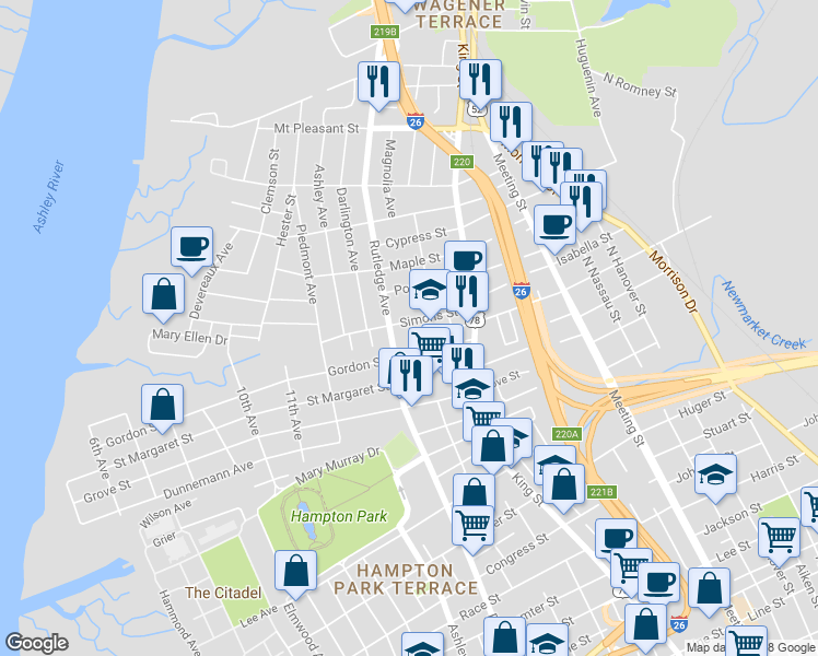 map of restaurants, bars, coffee shops, grocery stores, and more near 7 South Enston Avenue in Charleston