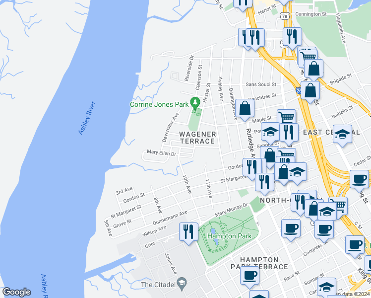 map of restaurants, bars, coffee shops, grocery stores, and more near 243 West Poplar Street in Charleston