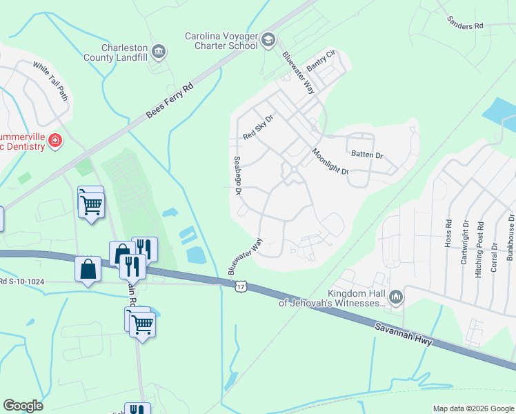 map of restaurants, bars, coffee shops, grocery stores, and more near 1417 Bimini Drive in Charleston