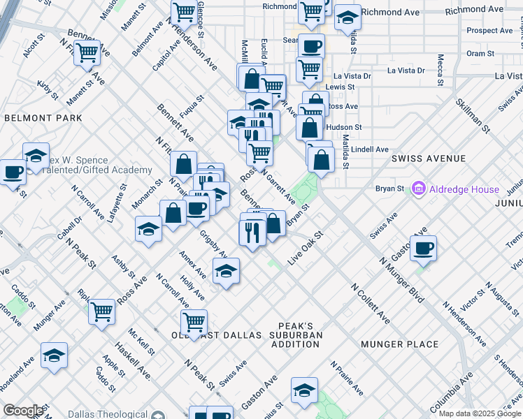 map of restaurants, bars, coffee shops, grocery stores, and more near 5005 San Jacinto Street in Dallas