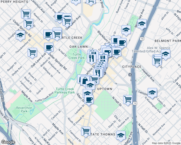 map of restaurants, bars, coffee shops, grocery stores, and more near 3240 North Hall Street in Dallas