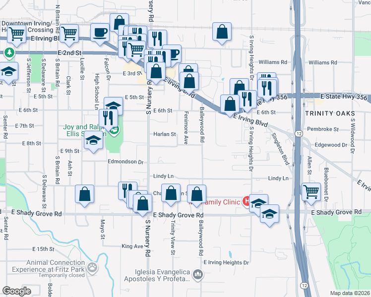 map of restaurants, bars, coffee shops, grocery stores, and more near 713 Fenimore Avenue in Irving