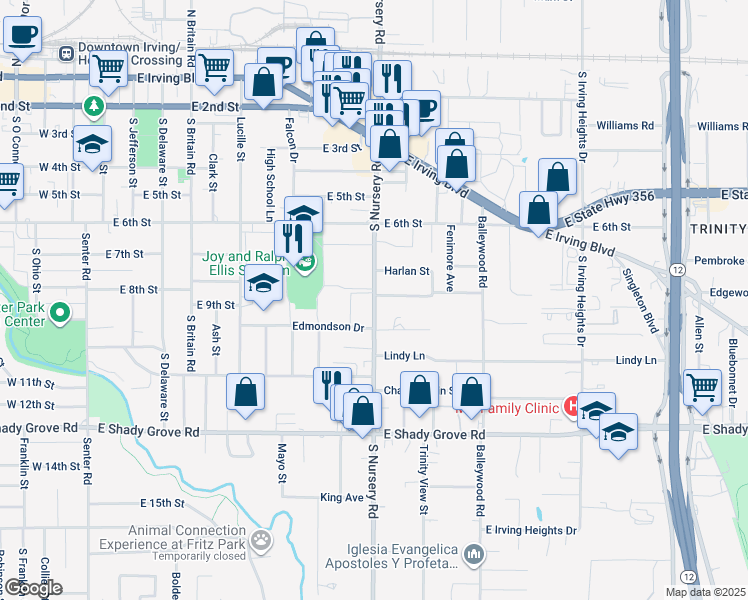 map of restaurants, bars, coffee shops, grocery stores, and more near 1002 Harlan Street in Irving
