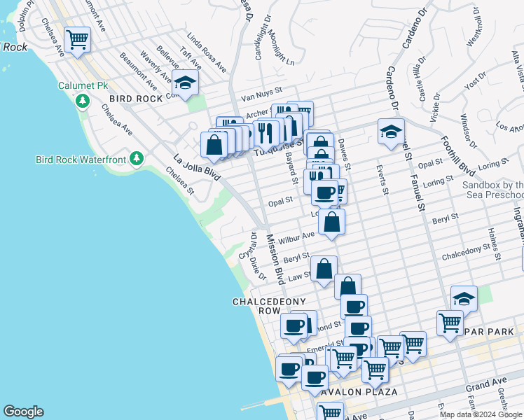 map of restaurants, bars, coffee shops, grocery stores, and more near 5038 Mission Boulevard in San Diego