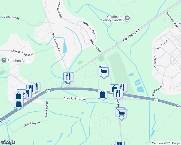 map of restaurants, bars, coffee shops, grocery stores, and more near 1153 Bees Ferry Road in Johns Island