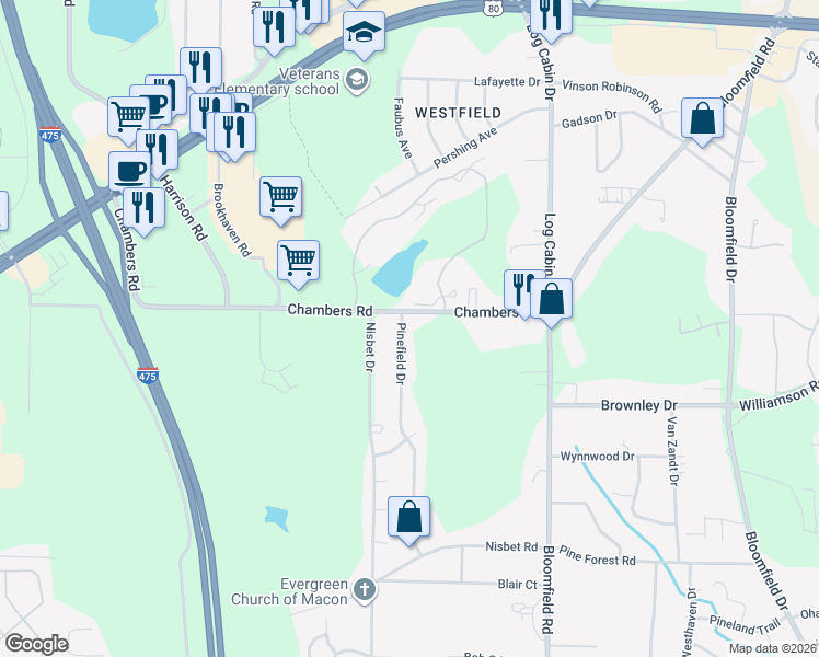 map of restaurants, bars, coffee shops, grocery stores, and more near 4901 Pinefield Drive in Macon