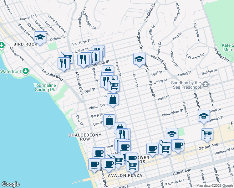 map of restaurants, bars, coffee shops, grocery stores, and more near 1052 Loring Street in San Diego