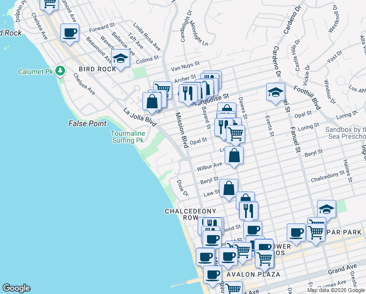 map of restaurants, bars, coffee shops, grocery stores, and more near 5061 Mission Boulevard in San Diego