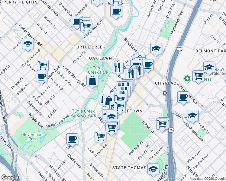 map of restaurants, bars, coffee shops, grocery stores, and more near 3172 North Hall Street in Dallas