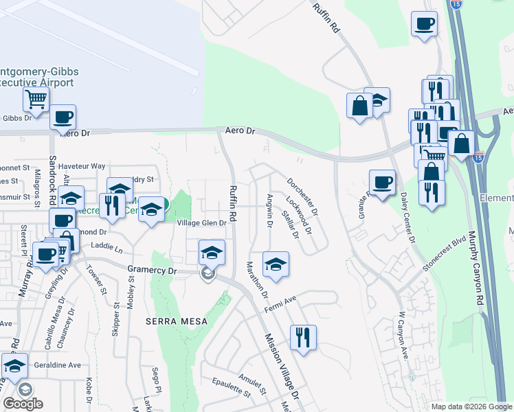map of restaurants, bars, coffee shops, grocery stores, and more near Marathon Drive & Success Avenue in San Diego