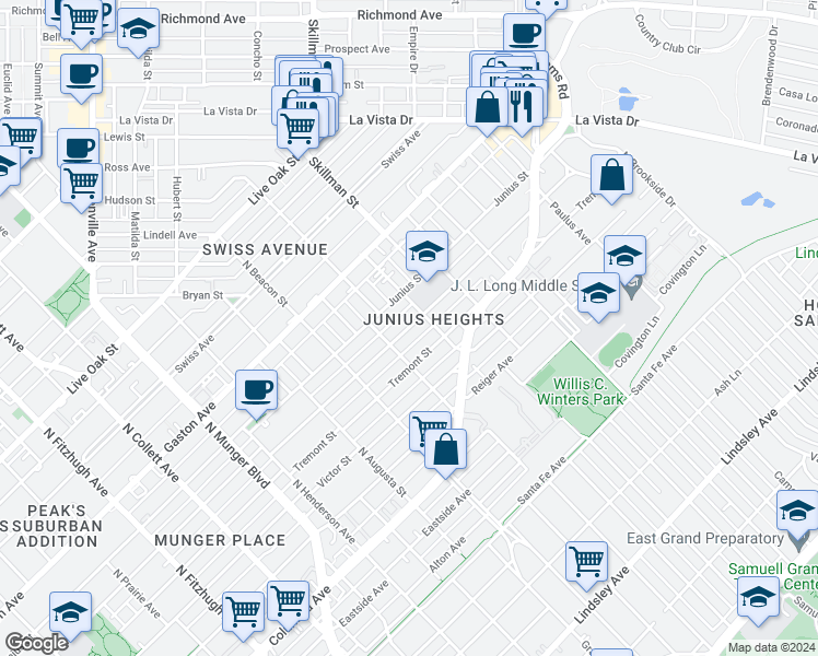 map of restaurants, bars, coffee shops, grocery stores, and more near 5722 Worth St in Dallas