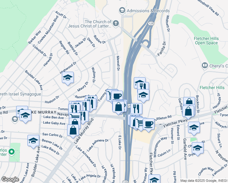 map of restaurants, bars, coffee shops, grocery stores, and more near 6814 Mewall Drive in San Diego
