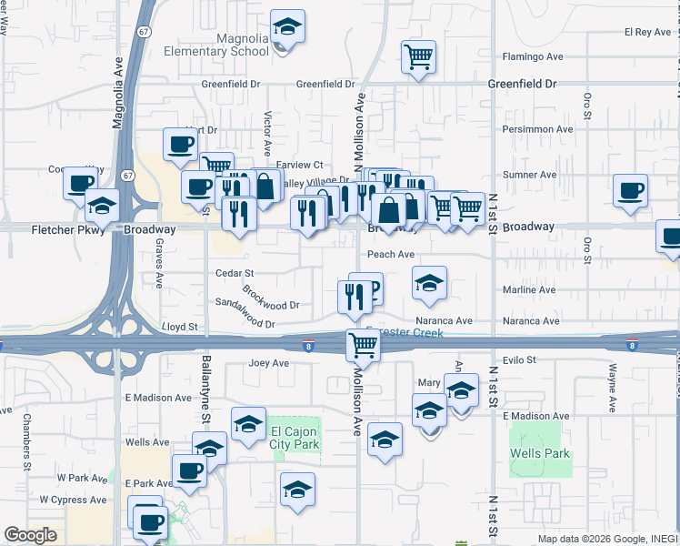 map of restaurants, bars, coffee shops, grocery stores, and more near 800 North Mollison Avenue in El Cajon