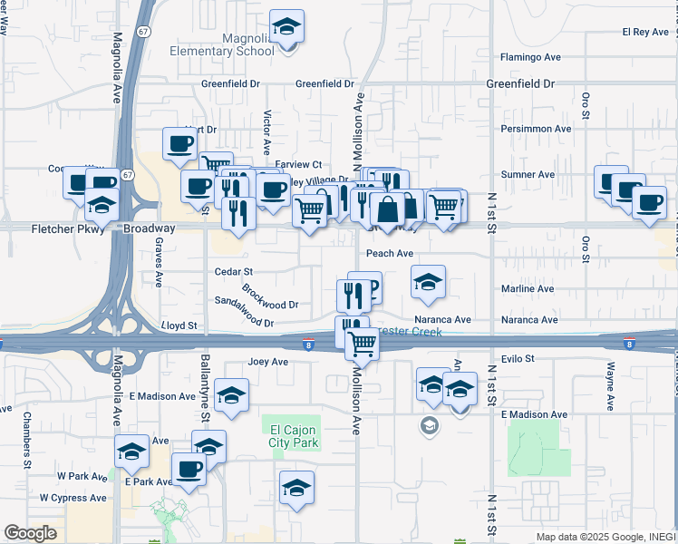 map of restaurants, bars, coffee shops, grocery stores, and more near 848 North Mollison Avenue in El Cajon