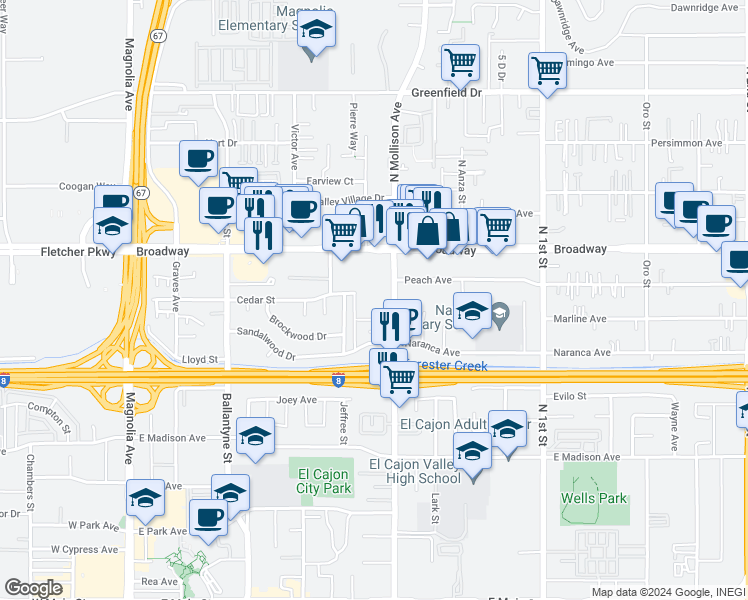 map of restaurants, bars, coffee shops, grocery stores, and more near 848 North Mollison Avenue in El Cajon