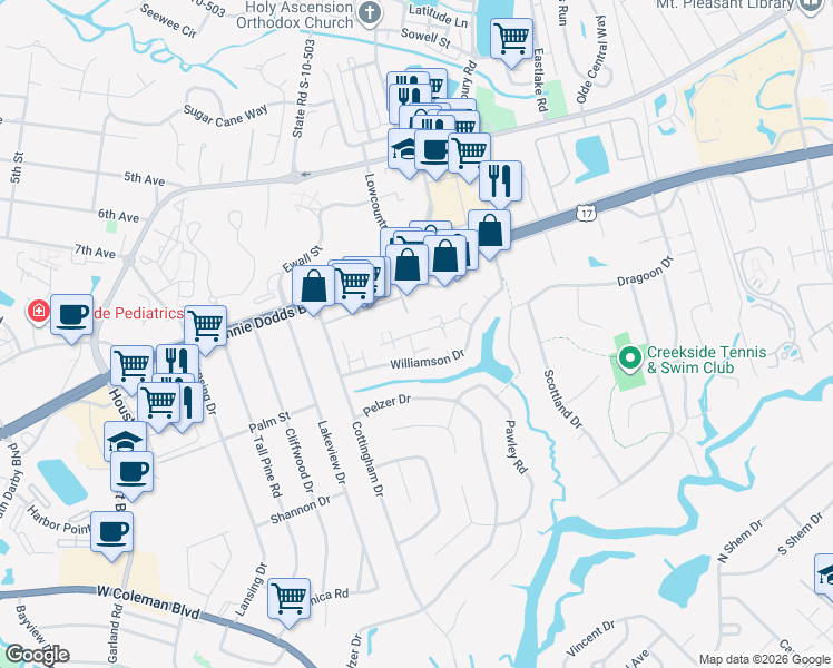 map of restaurants, bars, coffee shops, grocery stores, and more near 979 Bay Tree Circle in Mount Pleasant