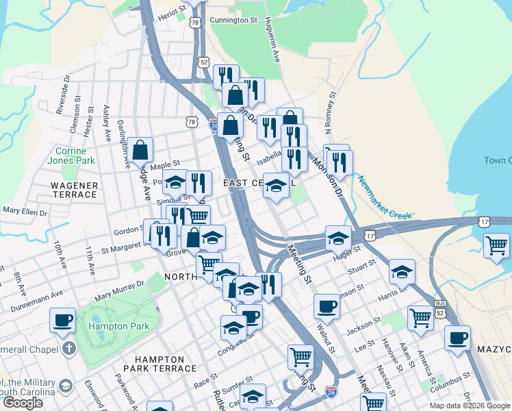 map of restaurants, bars, coffee shops, grocery stores, and more near 670 Meeting Street in Charleston