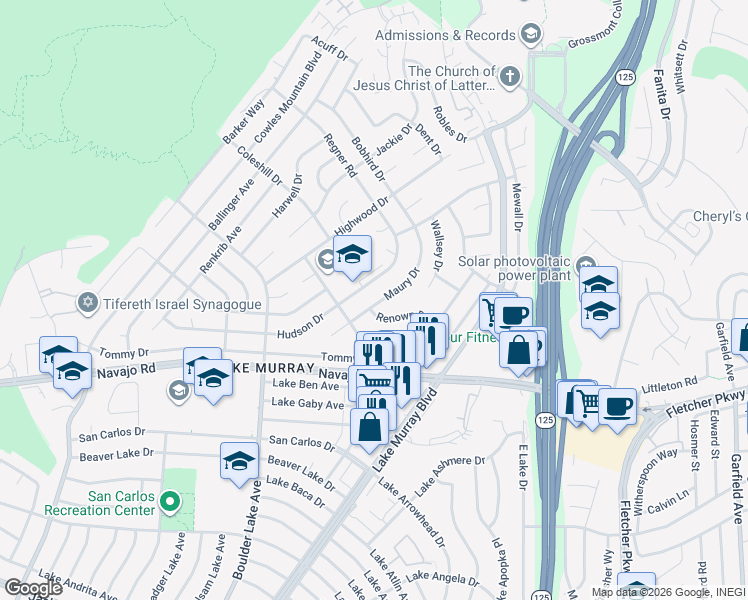 map of restaurants, bars, coffee shops, grocery stores, and more near 6752 Maury Drive in San Diego