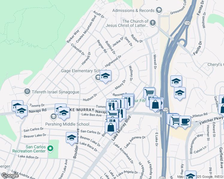 map of restaurants, bars, coffee shops, grocery stores, and more near 6752 Maury Drive in San Diego