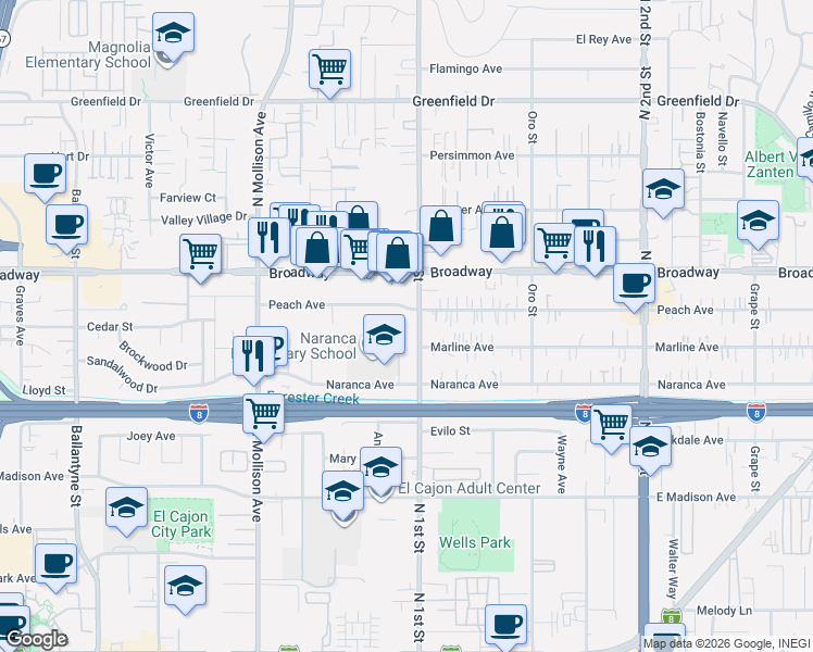 map of restaurants, bars, coffee shops, grocery stores, and more near 1104 Peach Avenue in El Cajon