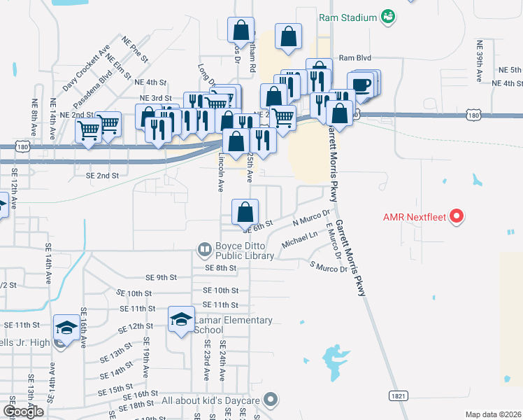 map of restaurants, bars, coffee shops, grocery stores, and more near 507 Southeast 26th Avenue in Mineral Wells