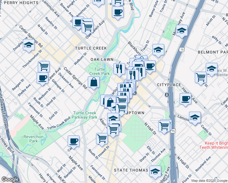 map of restaurants, bars, coffee shops, grocery stores, and more near North Hall Street & Carlisle Street in Dallas