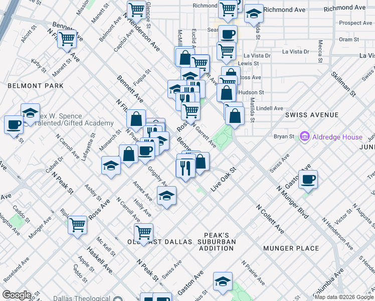 map of restaurants, bars, coffee shops, grocery stores, and more near 1519 Bennett Avenue in Dallas