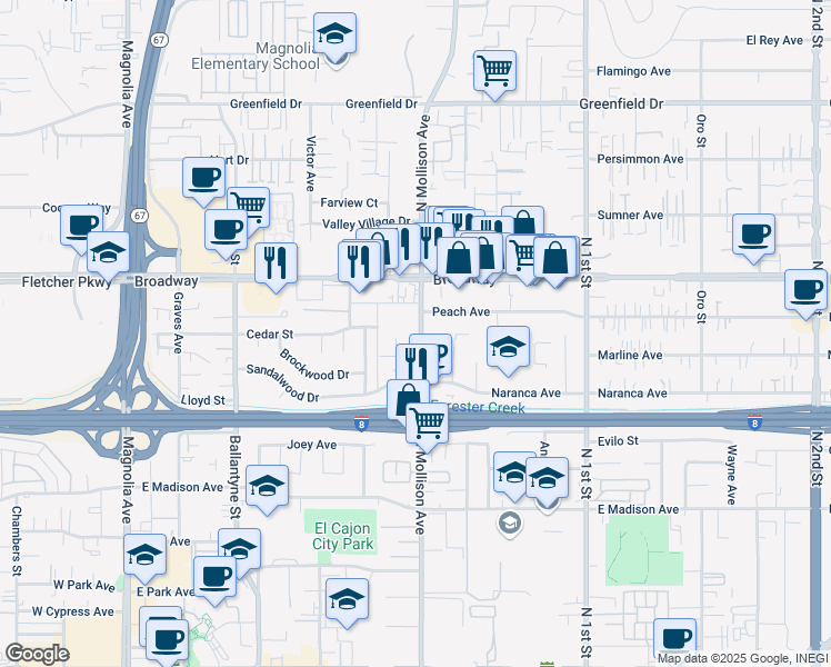 map of restaurants, bars, coffee shops, grocery stores, and more near 815 Mollison in El Cajon
