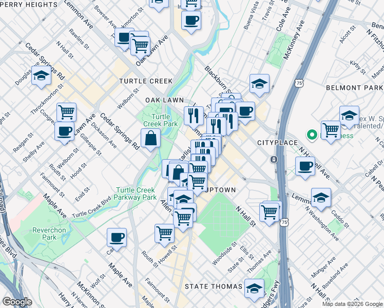 map of restaurants, bars, coffee shops, grocery stores, and more near 3140 North Hall Street in Dallas