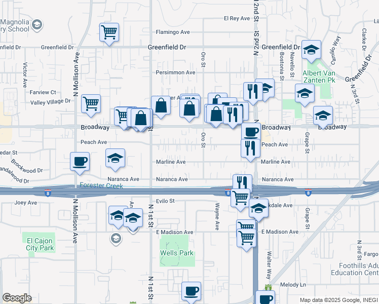 map of restaurants, bars, coffee shops, grocery stores, and more near 1163 Peach Avenue in El Cajon