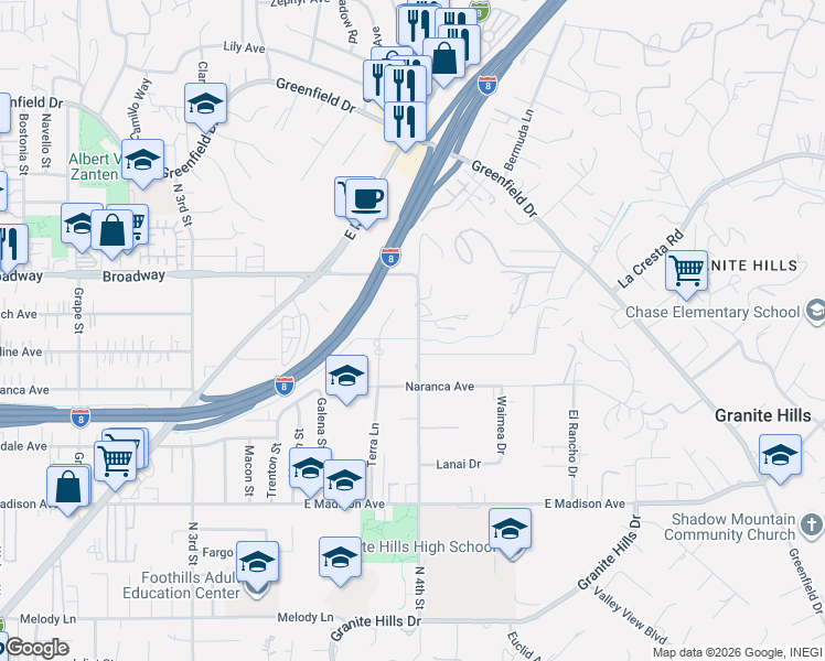 map of restaurants, bars, coffee shops, grocery stores, and more near 881 Terra Lane in El Cajon