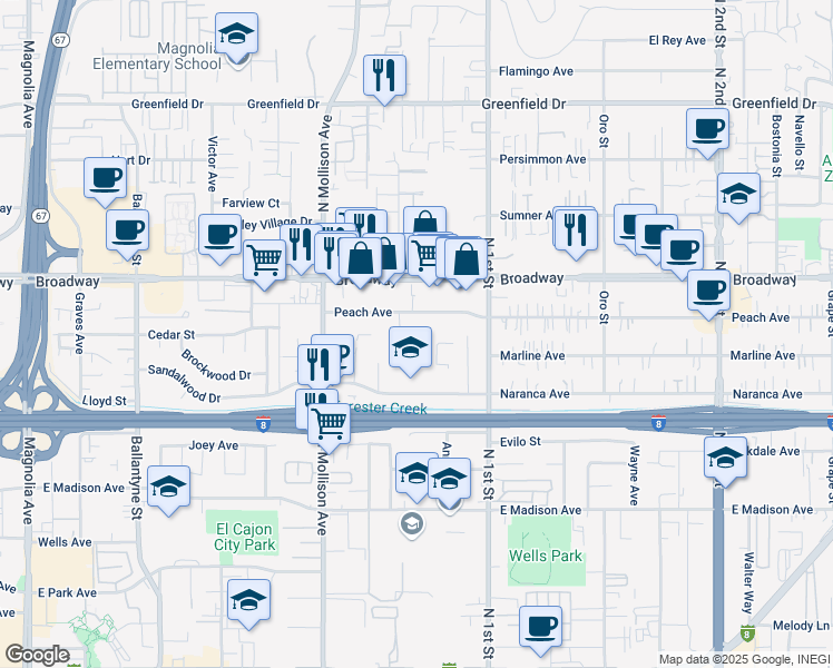 map of restaurants, bars, coffee shops, grocery stores, and more near 1019 Peach Avenue in El Cajon