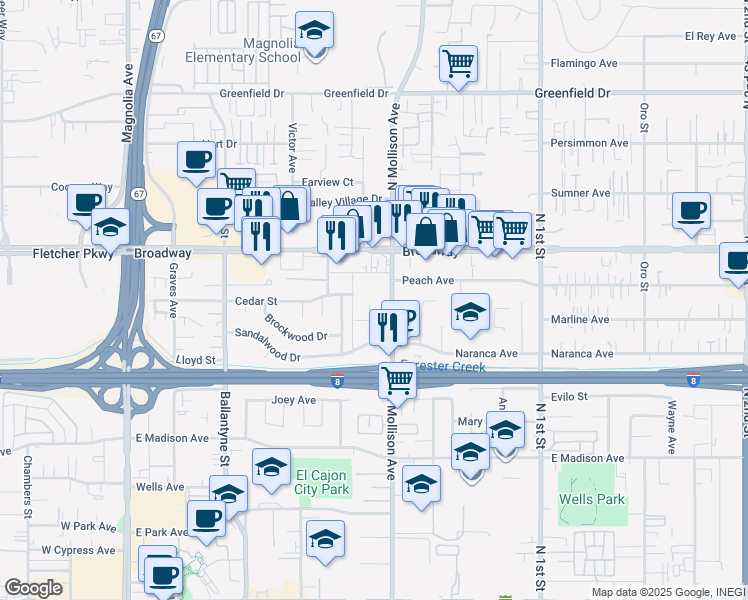 map of restaurants, bars, coffee shops, grocery stores, and more near 848 North Mollison Avenue in El Cajon