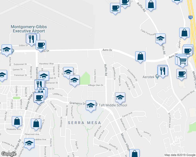 map of restaurants, bars, coffee shops, grocery stores, and more near 203 Castle Glen Drive in San Diego