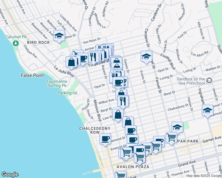 map of restaurants, bars, coffee shops, grocery stores, and more near 5026 Cass Street in San Diego