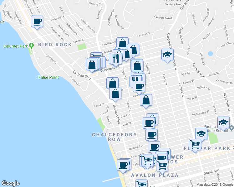 map of restaurants, bars, coffee shops, grocery stores, and more near 5061 Mission Boulevard in San Diego
