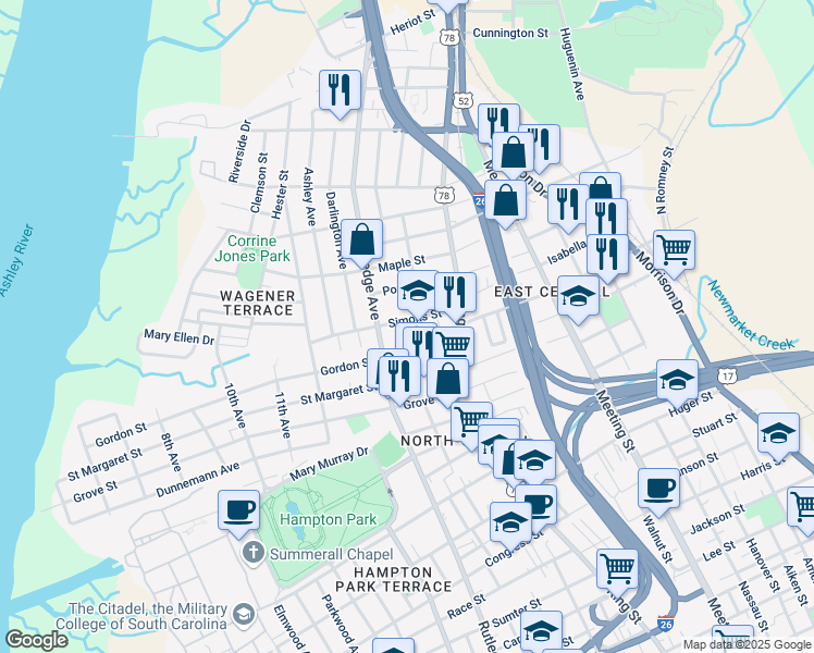 map of restaurants, bars, coffee shops, grocery stores, and more near 7 South Enston Avenue in Charleston
