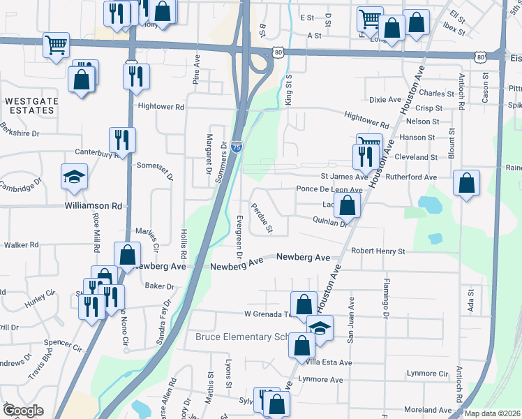 map of restaurants, bars, coffee shops, grocery stores, and more near 980 South Ponce De Leon Circle in Macon