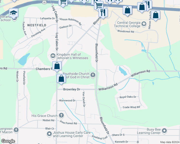 map of restaurants, bars, coffee shops, grocery stores, and more near 3165 Bloomfield Drive in Macon