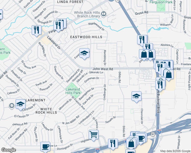 map of restaurants, bars, coffee shops, grocery stores, and more near 8608 Sikorski Lane in Dallas
