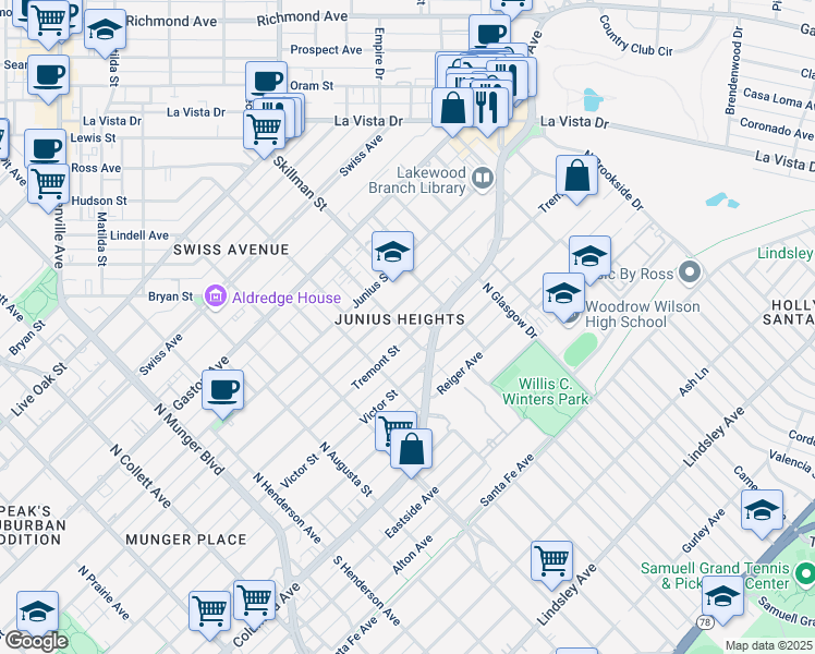 map of restaurants, bars, coffee shops, grocery stores, and more near 5825 Tremont Street in Dallas