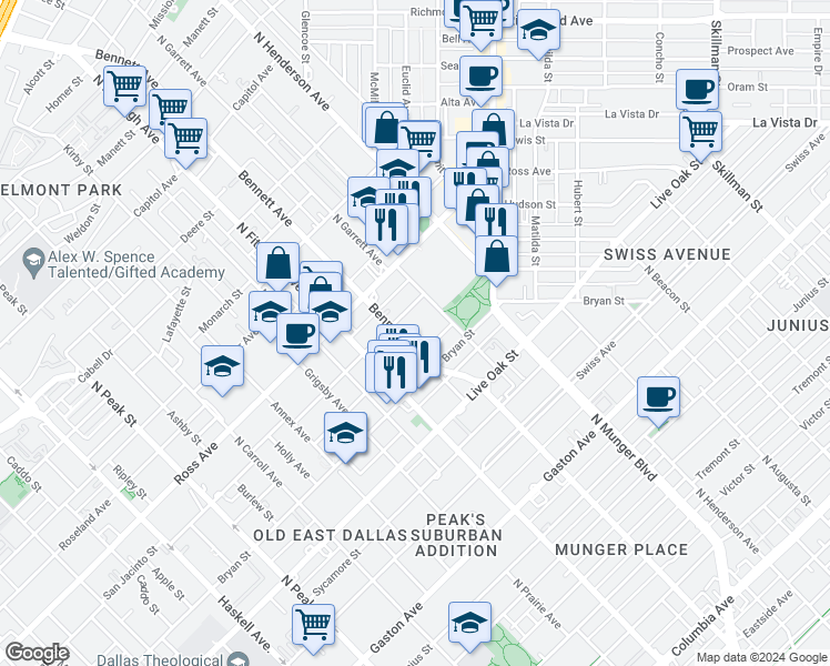 map of restaurants, bars, coffee shops, grocery stores, and more near 1503 North Garrett Avenue in Dallas