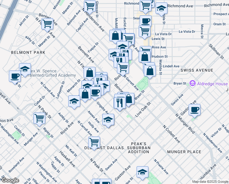 map of restaurants, bars, coffee shops, grocery stores, and more near 4914 Ross Avenue in Dallas
