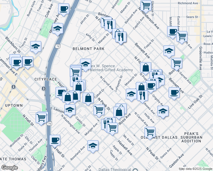 map of restaurants, bars, coffee shops, grocery stores, and more near 2218 North Carroll Avenue in Dallas
