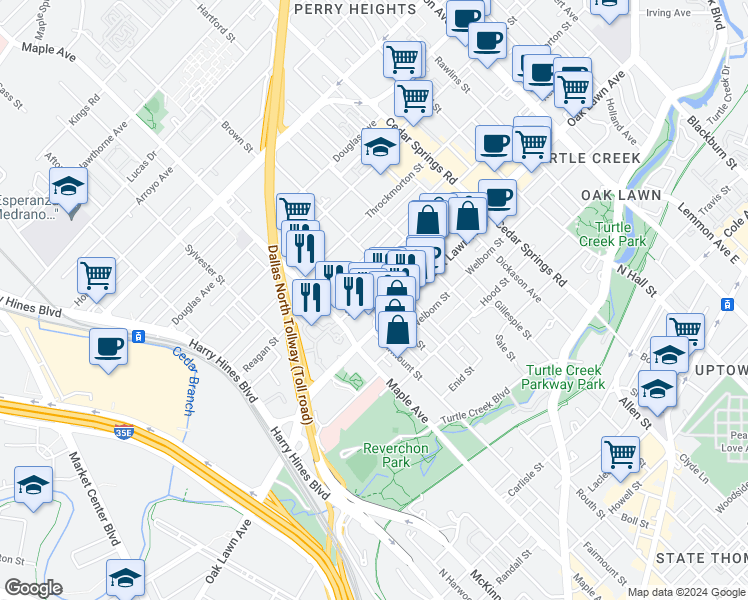 map of restaurants, bars, coffee shops, grocery stores, and more near 2630 Shelby Avenue in Dallas