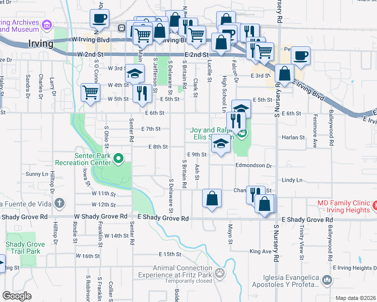 map of restaurants, bars, coffee shops, grocery stores, and more near 407 East 8th Street in Irving