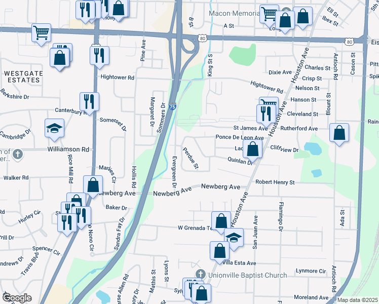 map of restaurants, bars, coffee shops, grocery stores, and more near 981 Perdue Street in Macon