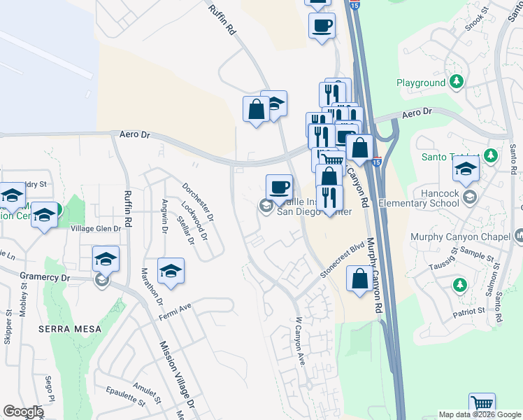 map of restaurants, bars, coffee shops, grocery stores, and more near 9645 Granite Ridge Drive in San Diego
