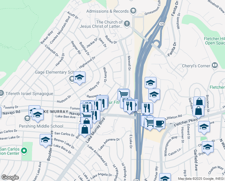 map of restaurants, bars, coffee shops, grocery stores, and more near 8741 Verlane Drive in San Diego