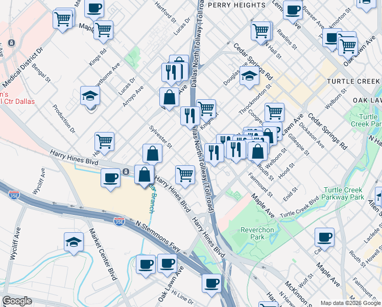 map of restaurants, bars, coffee shops, grocery stores, and more near 4117 Maple Avenue in Dallas